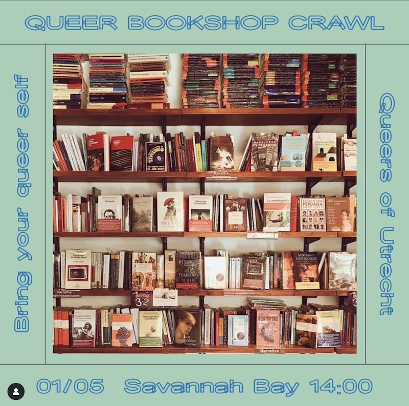 Invitation for the Queer Bookshop Crawl on may 1st, organized by Queers of Utrecht.