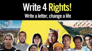 Campagnebeeld van Amnesty International voor Write For Rights - Write a letter, change a life